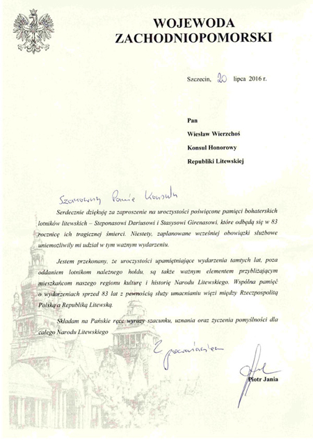 Pismo z Urzędu Wojewódzkiego w 83 rocznicę śmierci lotników litewskich 